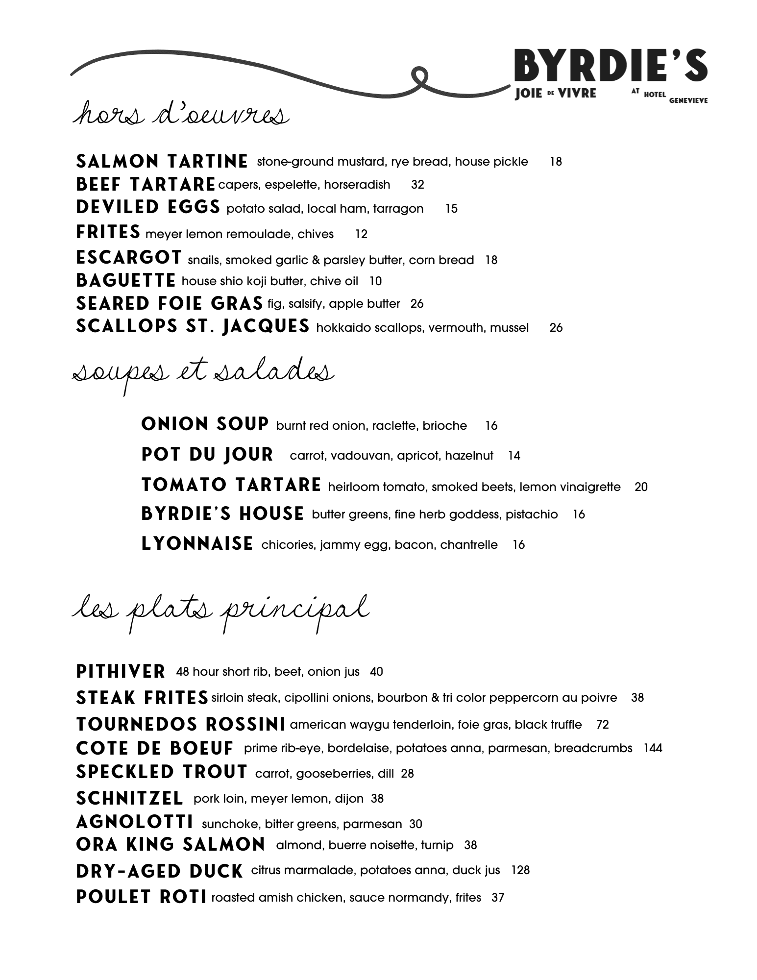 Byrdie's Dinner Menu
